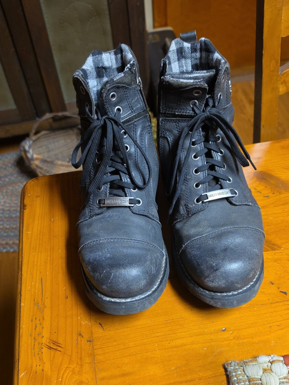 Harley-Davidson Black Men's Leather Combat Boots with Plaid Collar